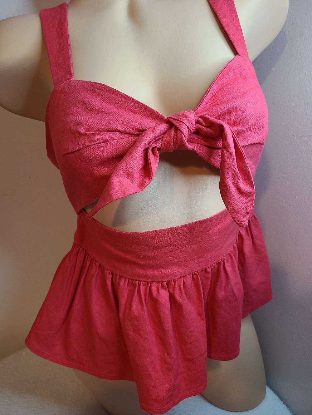 ZARA Linen Ruffle Tie Front Cut-out Peplum Top Size M - Picture 2 of 7